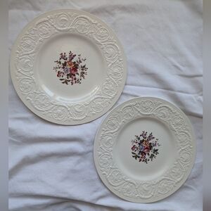 Wedgwood Swansea Floral Embossed Rim Cream Dinner Plates - 2 Vintage